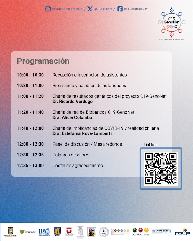 Ricardo Verdugo (@raverdugos) on Twitter photo Seminario de Cierre del Proyecto Anillo ACT210085 "COVID-19 Genomics Network <a href="/C19GenoNet/">C19 Genomics Network</a> " sobre identificación de factores genéticos y mecanismos moleculares de riesgo para COVID Persistente (Long COVID). 25 de abril, 10:00-13:00
youtube.com/live/EEftaC2ZK…
qr.sli.do/f9rH8bxmKo2Jfy… Seminario de Cierre del Proyecto Anillo ACT210085 "COVID-19 Genomics Network <a href="/C19GenoNet/">C19 Genomics Network</a> " sobre identificación de factores genéticos y mecanismos moleculares de riesgo para COVID Persistente (Long COVID). 25 de abril, 10:00-13:00
youtube.com/live/EEftaC2ZK…
qr.sli.do/f9rH8bxmKo2Jfy…