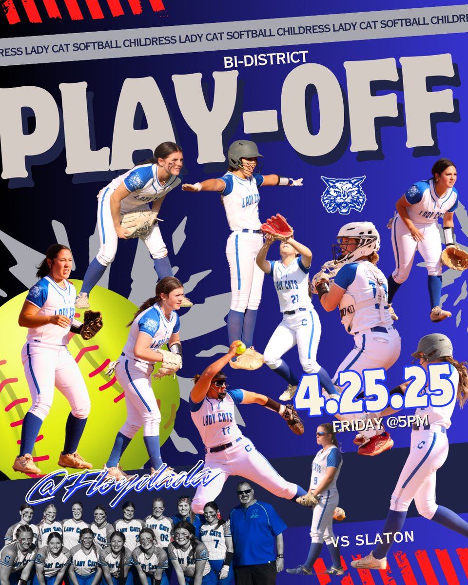 🚨🚨LADY CATS SEND OFF 1:30pm Friday @Justin Boots🚨🚨
🥎🥎Childress Lady Cat Softball 🥎🥎
🎟️ Cash at Gate: $5-Adult;  $3-Student