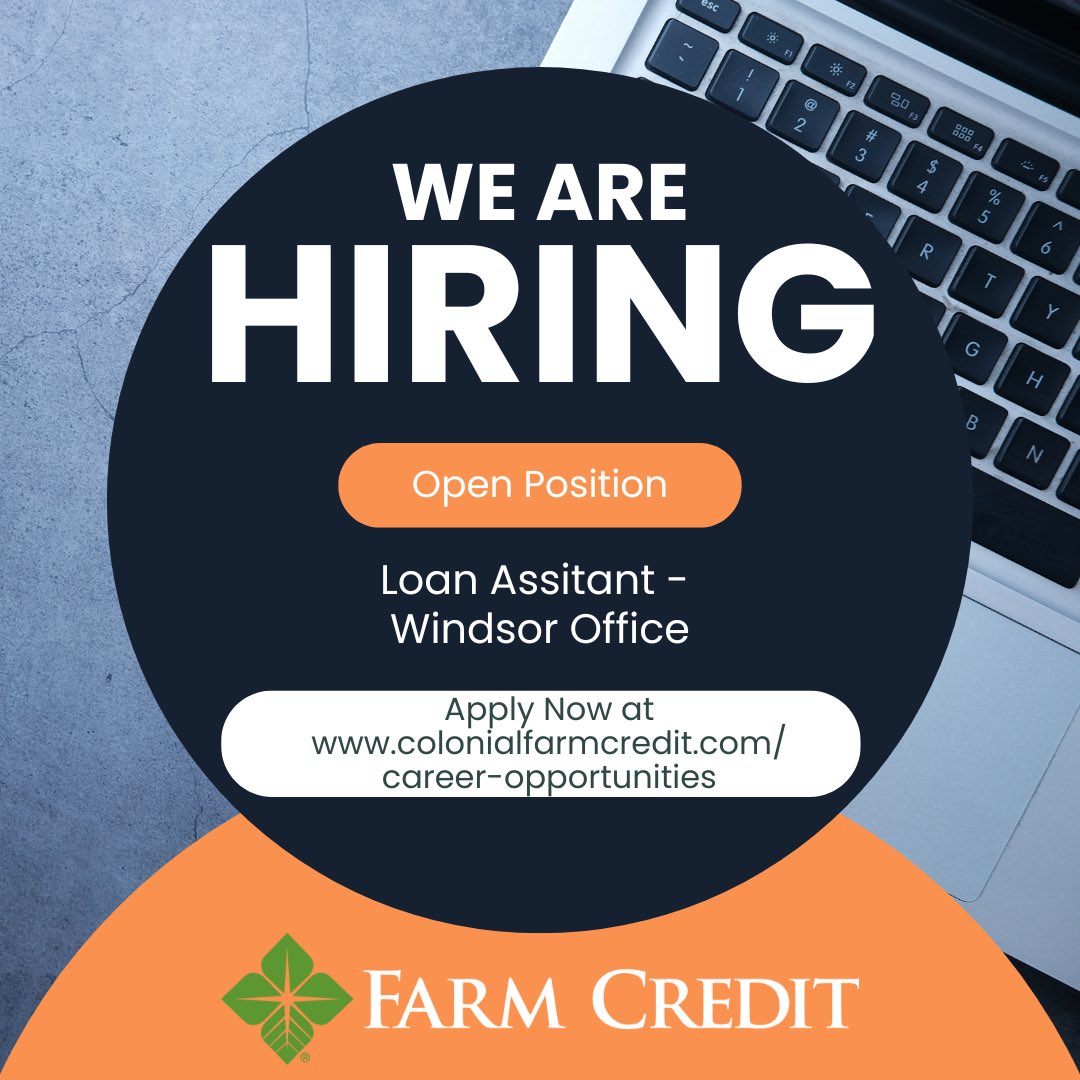 ColFarmCredit's tweet image. We have an opening for a Loan Assistant in our Windsor, VA office! If you or someone you know is interested, check out our website to apply!