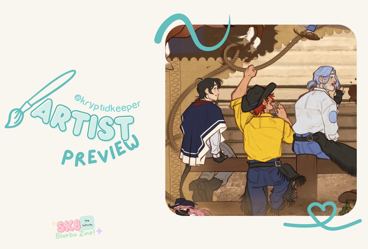 sk8blorbozine's tweet photo. Giddy up, cowboys! This one's for you! Here's a first look at @kryptidkeeper 's amazing and expansive piece, which features the sk8 crew in the wild wild west!

Pre-orders open in May! https://t.co/bVbbGMiSik