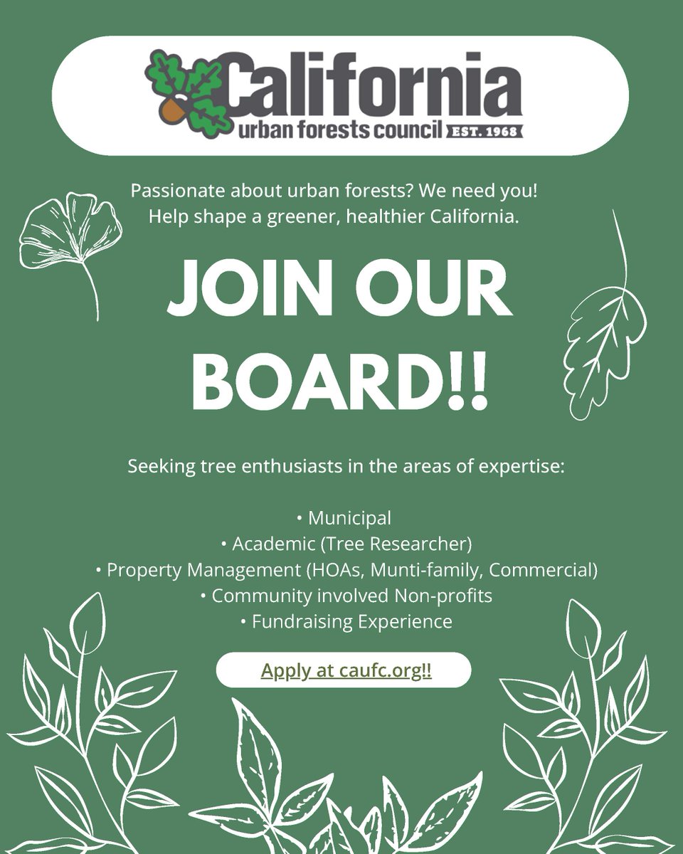 🌳 The California Urban Forests Council is looking for new board members!

🛠️ Skills we love: Governance, fundraising, urban planning, event planning, and nonprofit leadership.

👉 Learn more + apply here: caufc.org/about-us/join-…

#UrbanForestry #BoardOpportunity #CAUFC