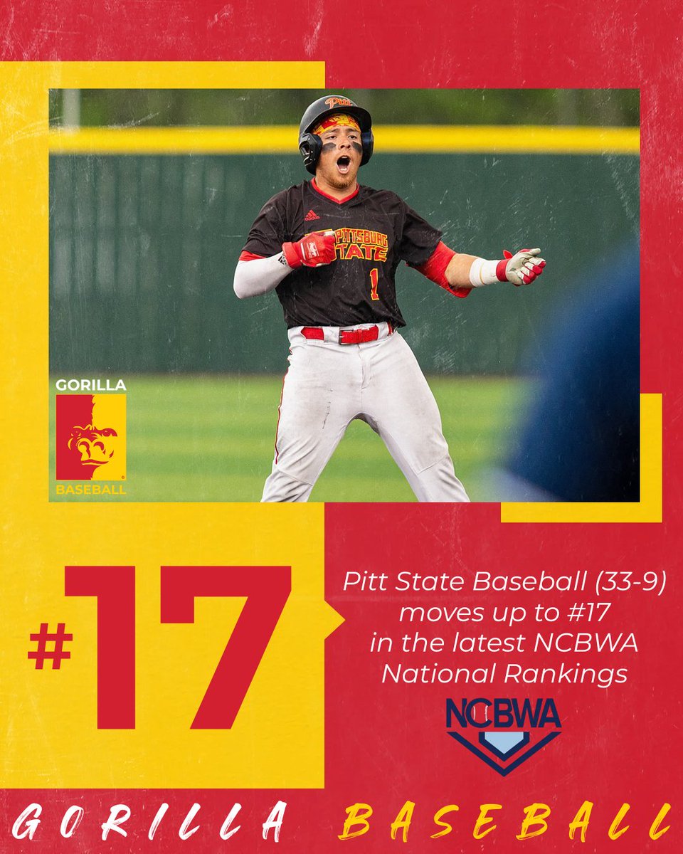 On their way up ⬆️

Pitt State Baseball moves up two spots to #17 in this week's NCBWA National Rankings 🦍⚾️

<a href="/GorillasBSB/">Pitt State Baseball ⚾️</a>|<a href="/pittstate/">Pittsburg State</a>