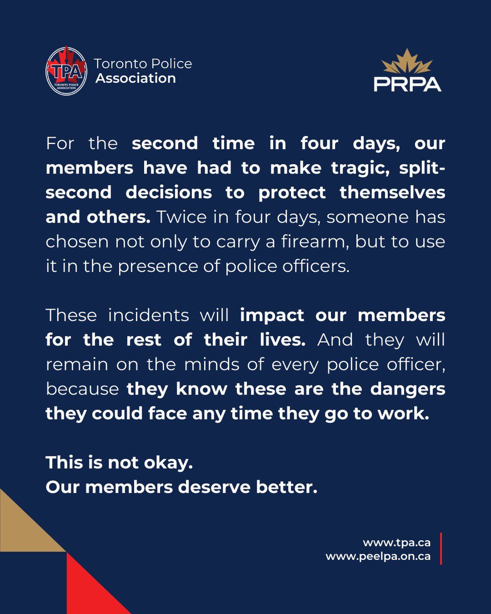Toronto Police Association (@tpaca) on Twitter photo These incidents are a stark reminder of the dangers police officers face every single day.
They don’t get to hesitate. They don’t get to walk away.
And the impact stays with them for life.
Our members deserve better. <a href="/peel_pa/">Peel Regional PA</a> <a href="/TPACampbell/">Clayton Campbell</a> <a href="/TPACallanan/">Brian Callanan</a> <a href="/PRPA_Prez/">Adrian Woolley</a> <a href="/andrewnanton_/">Andrew Nanton</a> These incidents are a stark reminder of the dangers police officers face every single day.
They don’t get to hesitate. They don’t get to walk away.
And the impact stays with them for life.
Our members deserve better. <a href="/peel_pa/">Peel Regional PA</a> <a href="/TPACampbell/">Clayton Campbell</a> <a href="/TPACallanan/">Brian Callanan</a> <a href="/PRPA_Prez/">Adrian Woolley</a> <a href="/andrewnanton_/">Andrew Nanton</a>