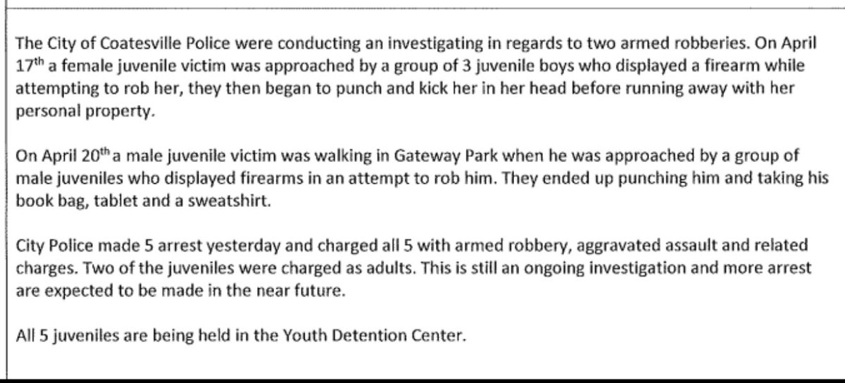 KeeleyFox29's tweet image. Two 12 year old boys, 14 year old boy &amp;amp; two 15 year old boys charged with two armed robberies with firearms of two juvenile victims, boy &amp;amp; girl.  Robbery victims were kicked &amp;amp; punched, the girl was kicked in head,Coatesville Police report.   All 5 boys held in detention center,