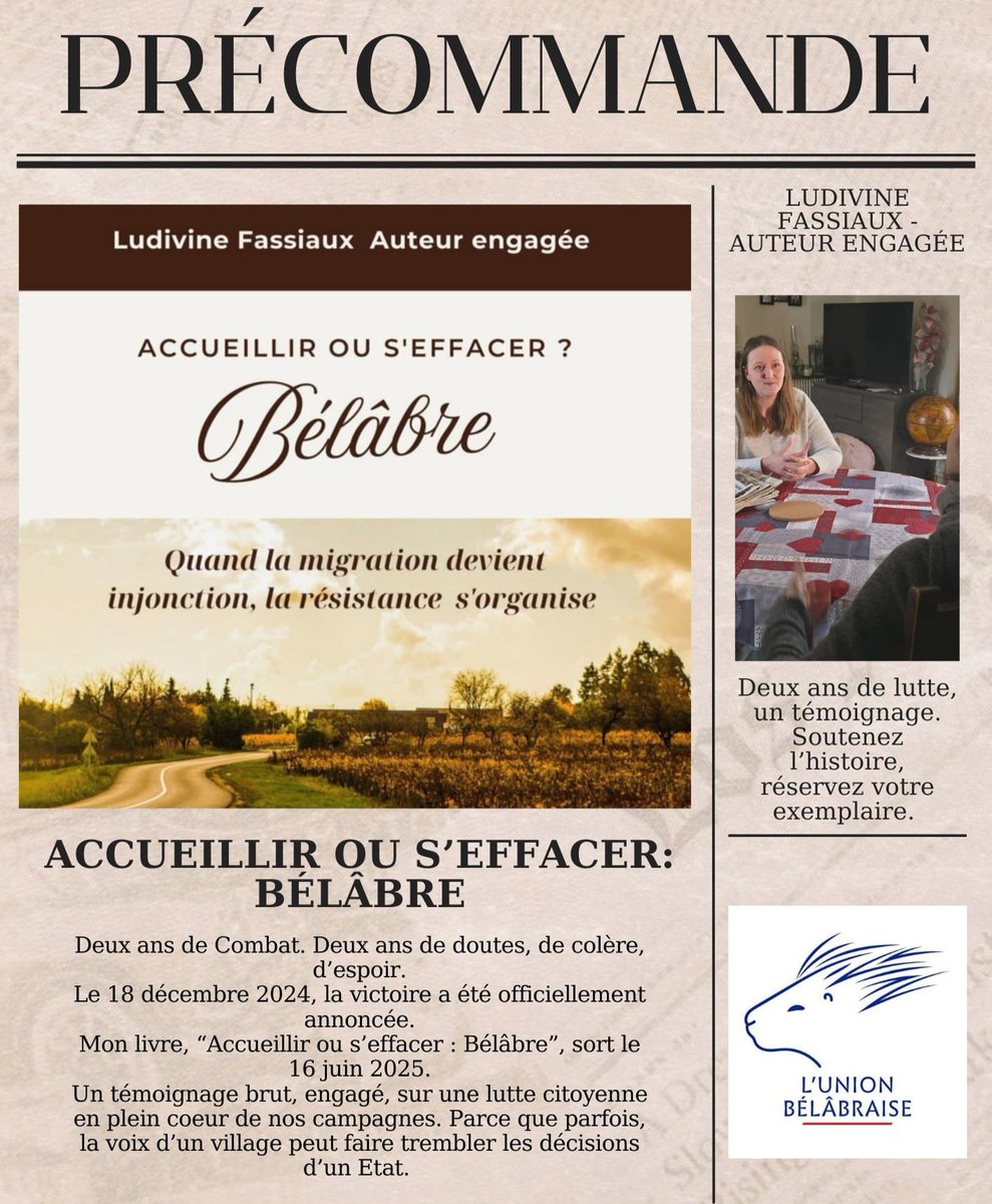BelabraiseL's tweet photo. Dès demain, retrouvez le lancement de mon tout premier livre "accueillir ou s'effacer : Bélâbre" 

Quelle fierté de retracer un combat citoyen contre l'imposition d'un projet migratoire hors normes ! 

Demain lien pour le précommande.
Un combat local pour une portée nationale 😍 https://t.co/zseYFyOQ97