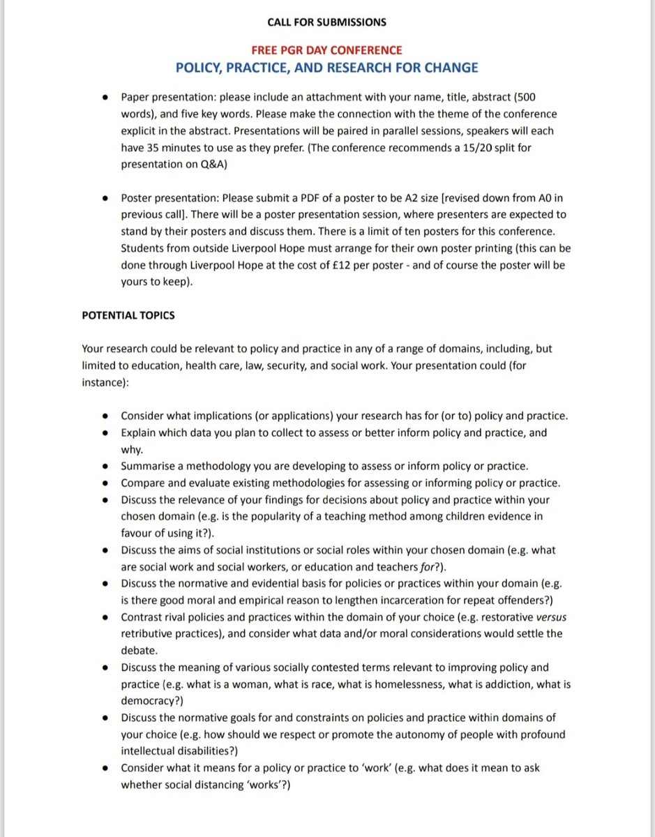 🗣 Call for submissions!
Are you enrolled on a PGR programme in the UK? Then, you may be interested in an upcoming conference taking place at Liverpool Hope University! 
On Friday 20th June, Liverpool Hope University is holding a PGR day conference. Check out the poster!