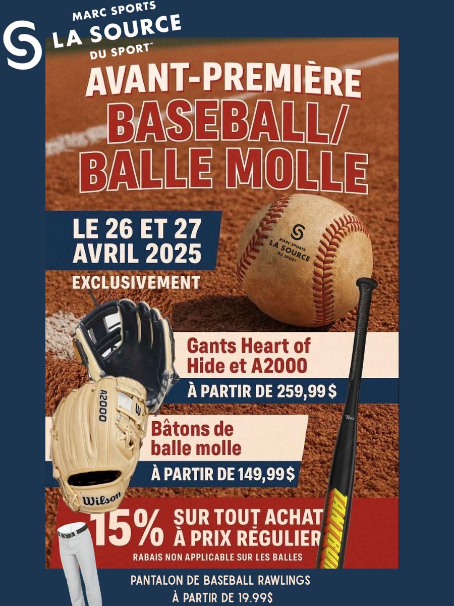 BaseballChelsea's tweet image. Our sponsor Marc Sports is holding a big baseball sale this weekend!

Grande vente annuelle de baseball de notre commanditaire!