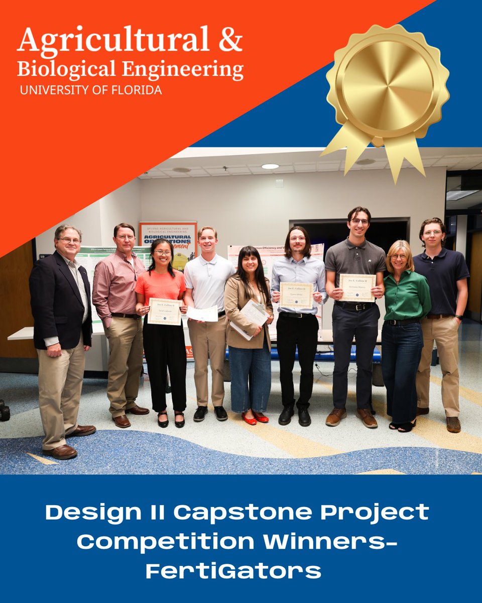 UF_ABE's tweet image. The Design II course, led by Ziynet Boz, Ph.D., is an opportunity for Biological Engineering students to apply their theories and research. The FertiGators were awarded the Joe E. Collins II Excellence in Engineering Design Award- a certificate and prize of $250 per team member.