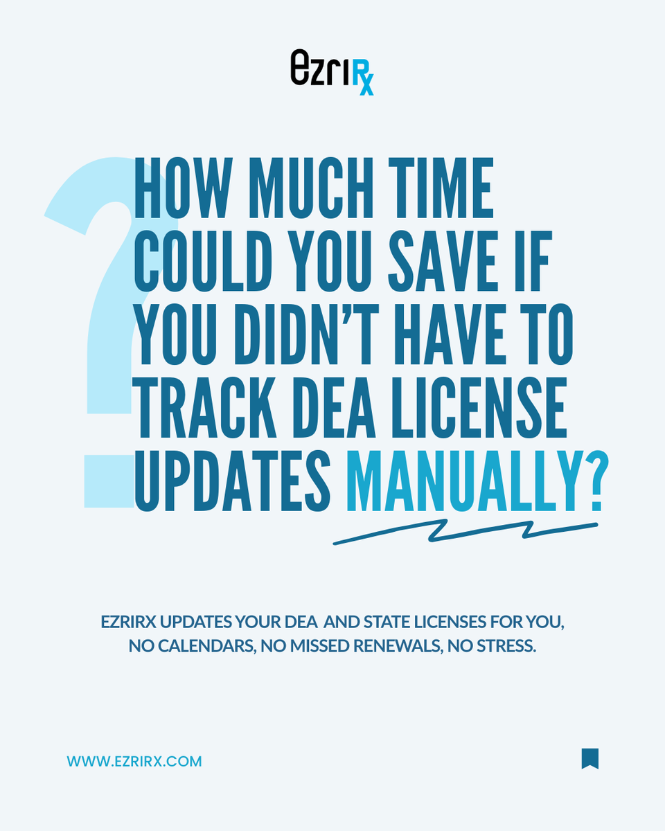 EzriRx's tweet photo. No more tracking renewals. EzriRx handles your DEA and state license updates so you can focus on your pharmacy. https://t.co/1KJB0yB3P9