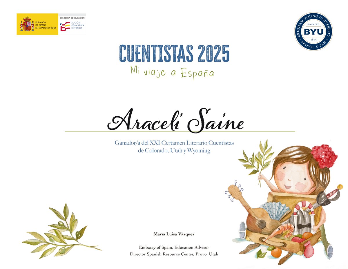 SpainEdOffice's tweet photo. ¡El CER de Provo y la asesoría de Salt Lake City tienen el placer de anunciar los ganadores Cuentistas 2025 de Utah, Colorado y Wyoming! Enhorabuena a estudiantes y profes, y muchas gracias a nuestros patrocinadores @SMgrupo, Istarduk Ediciones, Sylvia Vivanco y @Voces_Digital. https://t.co/3OYEhr36Dj