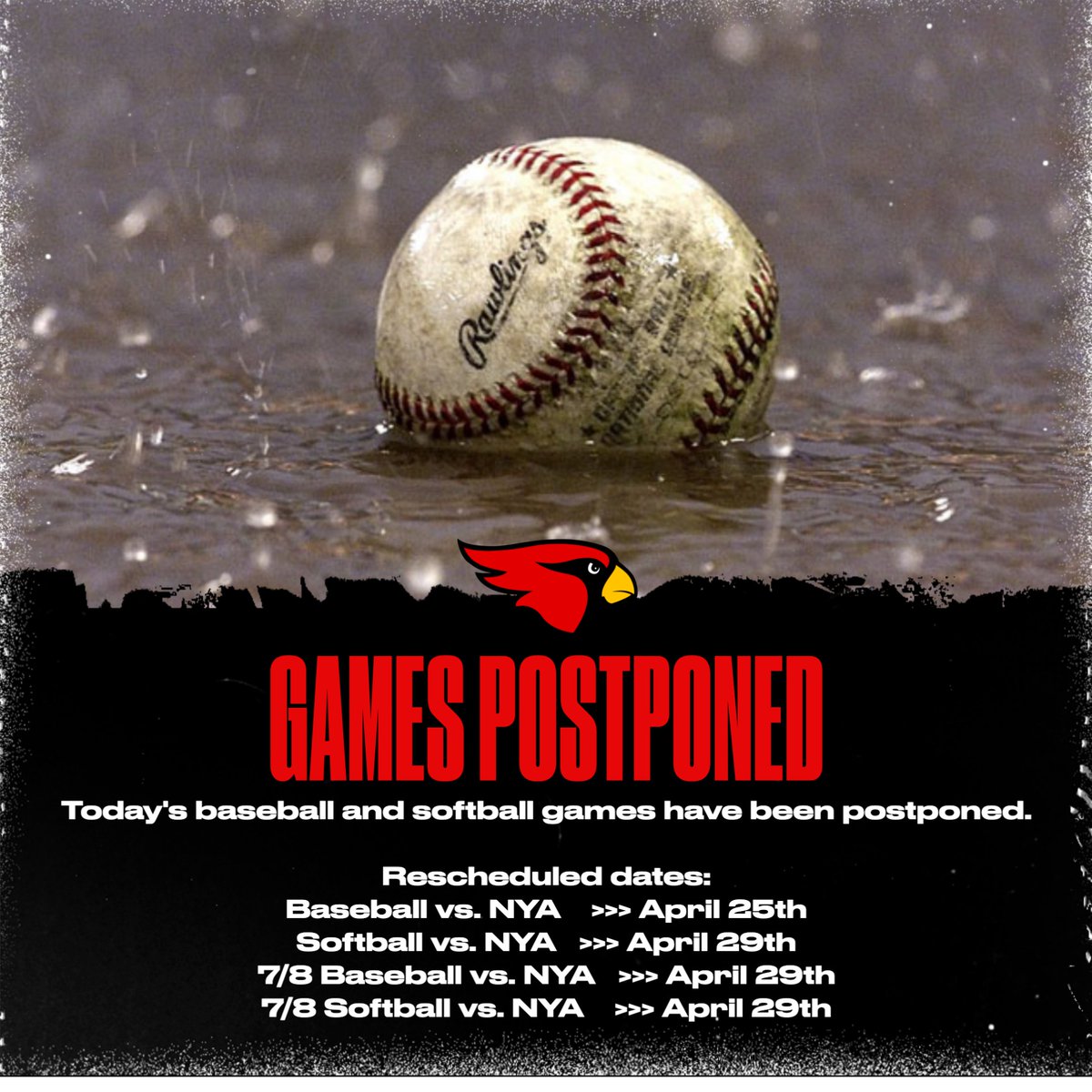 Baseball and softball vs. NYA today are postponed due to the wet weather. 

Updated schedules can always be found here: wcconference.org/public/genie/1…