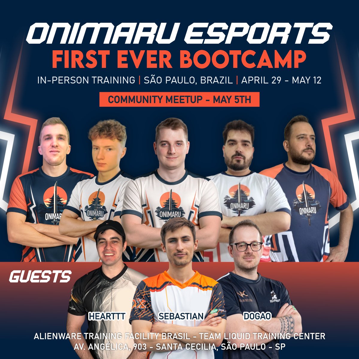 OnimaruEsports's tweet photo. 🎯 Bootcamp Announcement! 🎯

We're thrilled to announce Onimaru Esports' first-ever Bootcamp happening from April 29th to May 12th at the Alienware Training Facility in São Paulo, Brazil—the official @TeamLiquidBR  Training Center!

Our roster will feature our 5 talented team members @Liereyy1 @lewisaoe @OnimaruGoKu @FreakinAndy @F1ReAoE  along with special guests @dogaoAoE, @Sebastian_AOE, and @HeartttAoE. 🔥

🗓️ Mark your calendars: Join us for a special community meet-and-greet event on May 5th at Playball Pompeia Unidade 2.

📍Address: Street B, nº 30 - Industrial park Tomas Edson (Continuation of the avenue Nicolas Boer).

The event kicks off at 18:00 BRT | 21:00 GMT with a fun football match until 20:00 BRT, followed by a barbecue lasting until 00:00 BRT.

📍 Alienware Training Facility Address: Av. Angélica, 903 - Santa Cecilia, São Paulo - SP
Don't miss the chance to be part of this incredible experience! 🚀

#OnimaruEsports #AoE2 #Bootcamp #AlienwareTrainingFacility