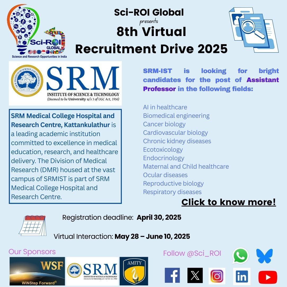 Sci_ROI's tweet image. 📢 Recruitment update for STEM professionals living abroad
Be a part of Sci-ROI's 8th Virtual Recruitment Drive!
Explore all openings & apply now sciroi.net/global
Deadline to register: April 30 2025
#SciROI #STEMCareers #IndiaReturn #BITSGoa #AmityUniversity #SRMUniversity