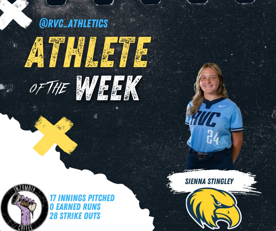 This weeks <a href="/Inzombiacoffee/">Inzombia</a> Athlete of the Week. <a href="/RVC_Softball/">Rock Valley College Softball</a> Sienna Stingley. Stingley had a great week pitching 17 innings with 0 earned runs and 28 strikeouts. #RockOn🦅