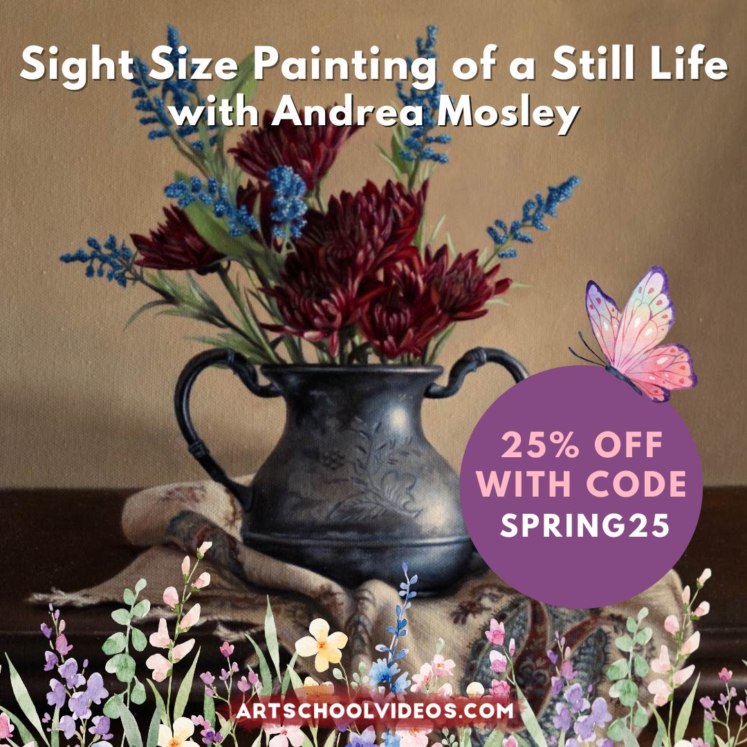 laafa's tweet image. ASV Spring Sale: Use code SPRING25 for 25% off sitewide!

This week's featured class is Sight Size Painting of a Still Life with instructor Andrea Mosley! In this 7.5 hour tutorial, Andrea will use the sight size method to paint a still life under natural light.