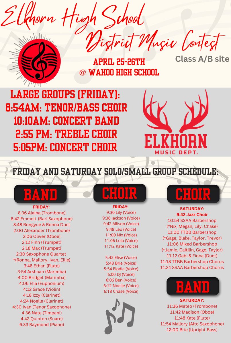 Elkhorn High (EHS) Vocal Music (@ehsings) on Twitter photo Excited to sing, play, and share our music this Friday and Saturday! Elkhorn High music department will be in Wahoo for District Music Contest!
<a href="/EHS_Activity/">EHS Activities and Athletics</a> <a href="/EHSAntlerBands/">Elkhorn High (EHS) Bands</a> <a href="/PartnersEhs/">EHS pARTners</a> Excited to sing, play, and share our music this Friday and Saturday! Elkhorn High music department will be in Wahoo for District Music Contest!
<a href="/EHS_Activity/">EHS Activities and Athletics</a> <a href="/EHSAntlerBands/">Elkhorn High (EHS) Bands</a> <a href="/PartnersEhs/">EHS pARTners</a>