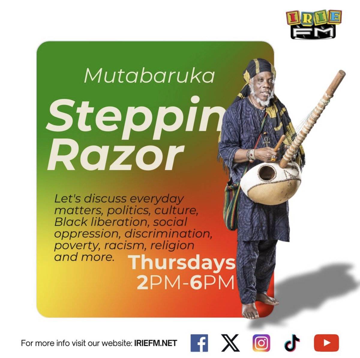 ⚡️ Tune in NOW! Mutabaruka is live on Irie FM with the Steppin’ Razor from 2-6 PM. Don’t miss the vibes! 🔊🎶 #LiveOnIrieFM #SteppinRazor #Mutabaruka #IrieVibes @realmutabaruka