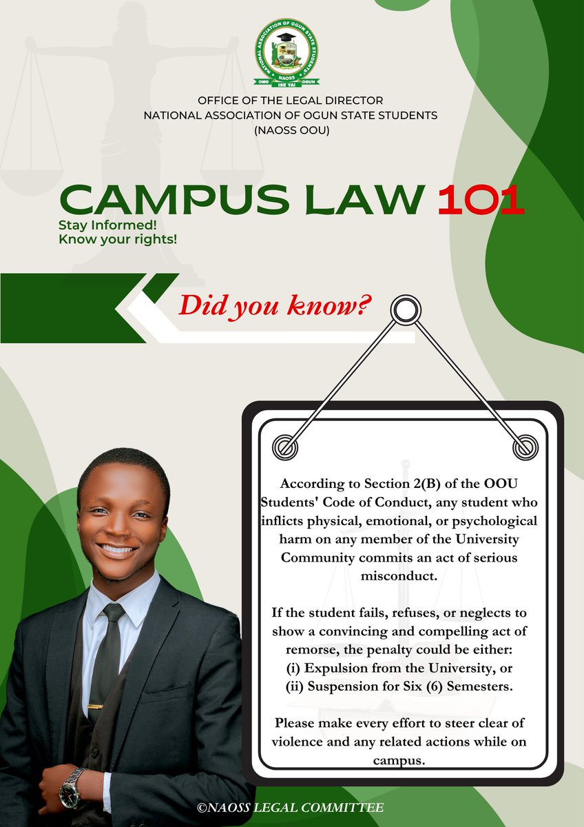According to Section 2(B) of the OOU Students’ Code of Conduct, such acts are considered serious misconduct and can lead to expulsion or a 6-semester suspension if no genuine remorse is shown.

Kindly endeavour to stay clear of trouble.❤️
Stay tuned for more legal insights!💥
