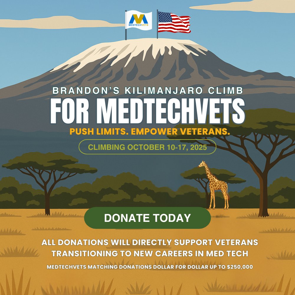 This October, MTV mentor and Air Force veteran Brandon Fertig is climbing Mount Kilimanjaro to raise awareness and support for MedTechVets, a #nonprofit that helps #veterans transition to careers in the #MedTech industry.

🏔️ #Donate and Share Today: fundraise.givesmart.com/vf/MTVCLIMB