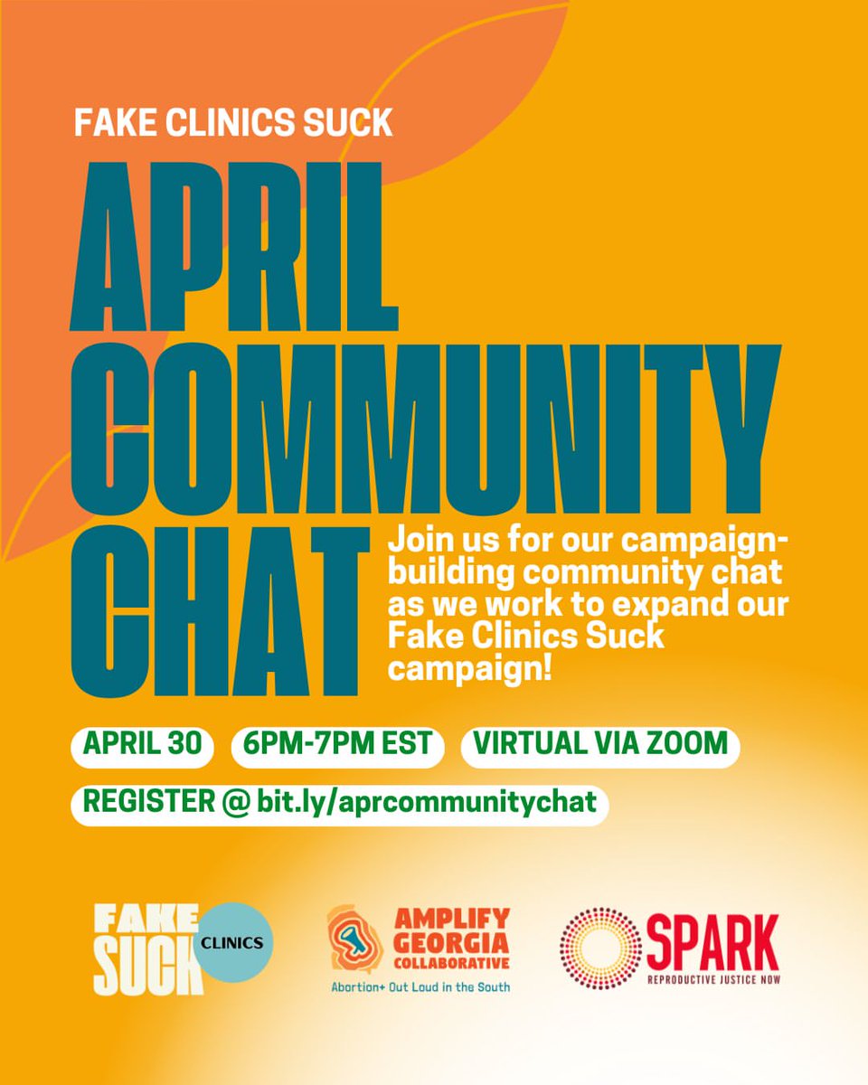 🚨 #FakeClinicsSuck: April Community Chat 🚨
📅 April 30 | 🕕 6–7PM EST

Join us NEXT WEDNESDAY! We’re organizing, strategizing, &amp; building out more of our Fake Clinics Suck campaign to bring us closer to true reproductive liberation in Georgia!

Register: bit.ly/aprcommunitych…
