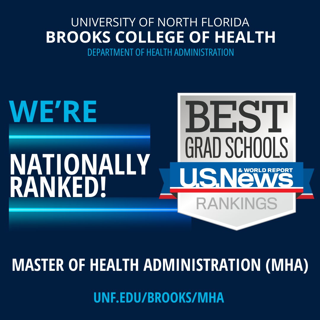 unfbrookshealth's tweet image. We’re proud to share that @UofNorthFlorida&apos;s MHA program is nationally ranked by U.S. News &amp;amp; World Report! 🏅 🇺🇸 

Explore how we’re preparing healthcare leaders of tomorrow → unf.edu/brooks/mha

#UNFMHA #HealthAdmin #HealthcareLeadership #UNF
