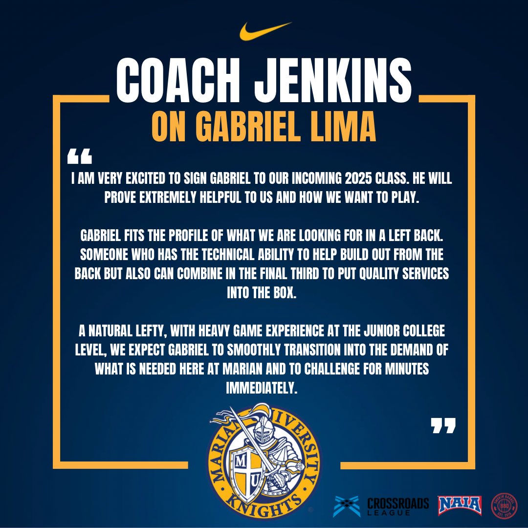 𝑮𝒂𝒃𝒓𝒊𝒆𝒍 𝑳𝒊𝒎𝒂 𝑱𝒐𝒊𝒏𝒔 𝒕𝒉𝒆 𝑲𝒏𝒊𝒈𝒉𝒕𝒔 ⚔️

We are excited to announce the addition of Gabriel Lima to our incoming 2025 class. Lima is a left back from Brazil and was a 2 year starter at Carl Sandburg College. 

#GoKnights ⚔️