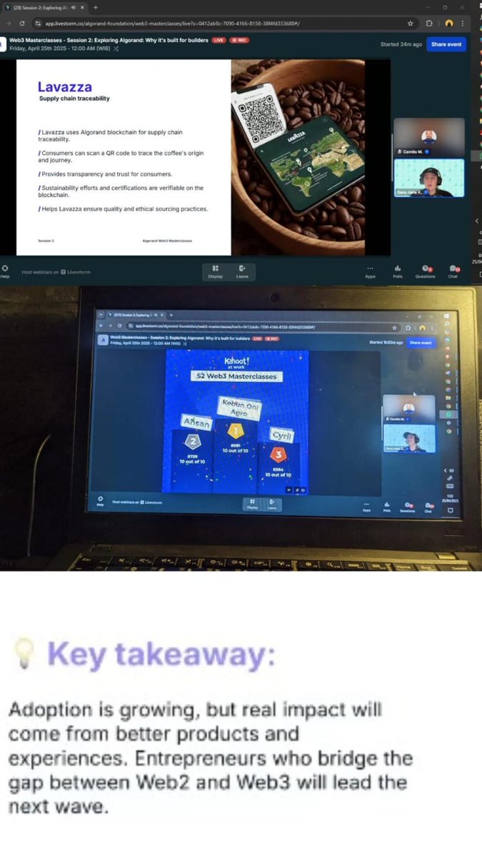 KaptenTuraes's tweet photo. Kicked off Day 2 of @Algorand @AlgoFoundation @AlgoIndonesia #Web3Masterclass! ๐
Today's theme: "Exploring Algorand: Why it's built for builders".
MAN, what a packed day (Thesis Ch 1-3 โ
, advisor sync, biz calls, field trip meet ๐คฏ), but zero energy lost tuning in for the brilliant @ganainmtech ๐ฅ
Almost aced the Kahoot too, but fumbled Q2 (my English needs work! ๐) & lost my throne ๐... No worries though, huge congrats to my friend, @Ophank_Atthoriq the CTO of @kebunonlineagro , for snagging the win! ๐
Session was mind-opening ๐ง , totally sparked a tangible idea for an agricultural supply chain project! ๐ฑ Seeing how Algorand's insane speed (<3s finality!), micro fees (0.001 $ALGO!), & transparency can fix traceability... game changer. Feeling SUPER charged to #BuildOnAlgorand! ๐ช
#AgriTech #SupplyChain #Blockchain #Innovation