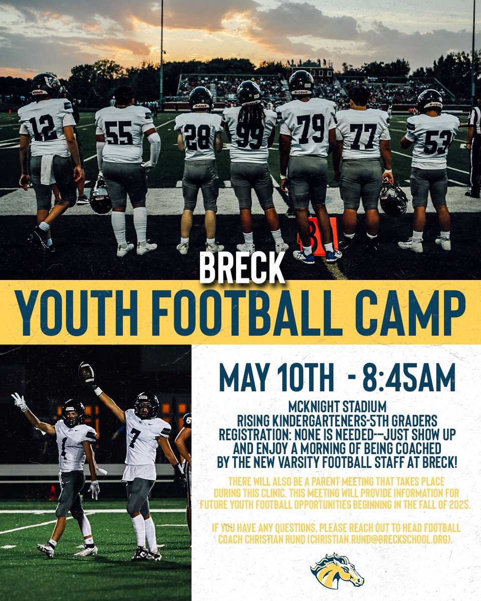 Come check out the Youth Football Camp on Saturday, May 10 at McKnight Stadium! #BreckFB