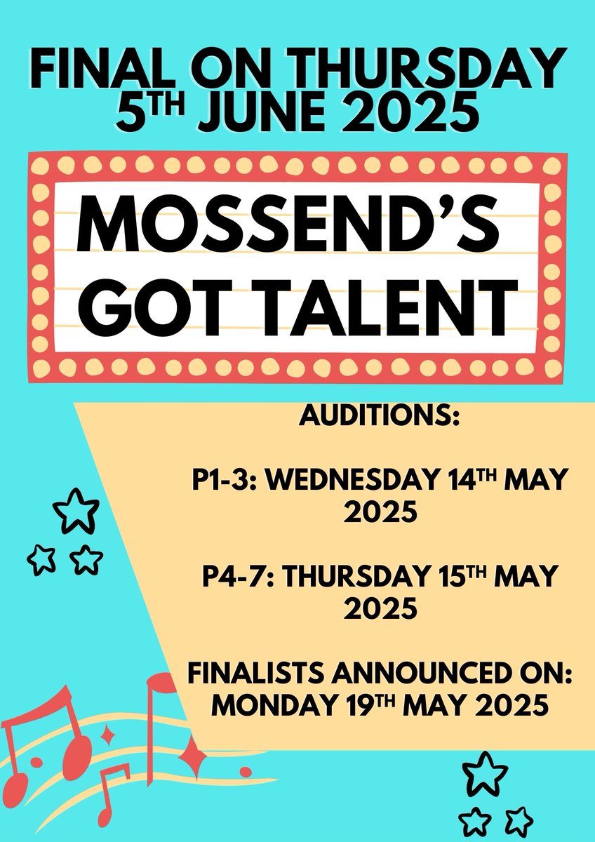 We are excited to announce that Mossend's Got Talent will be returning this year with auditions in May and the final taking place in June! We cannot wait to see all the amazing talents that our pupils have! 🎉