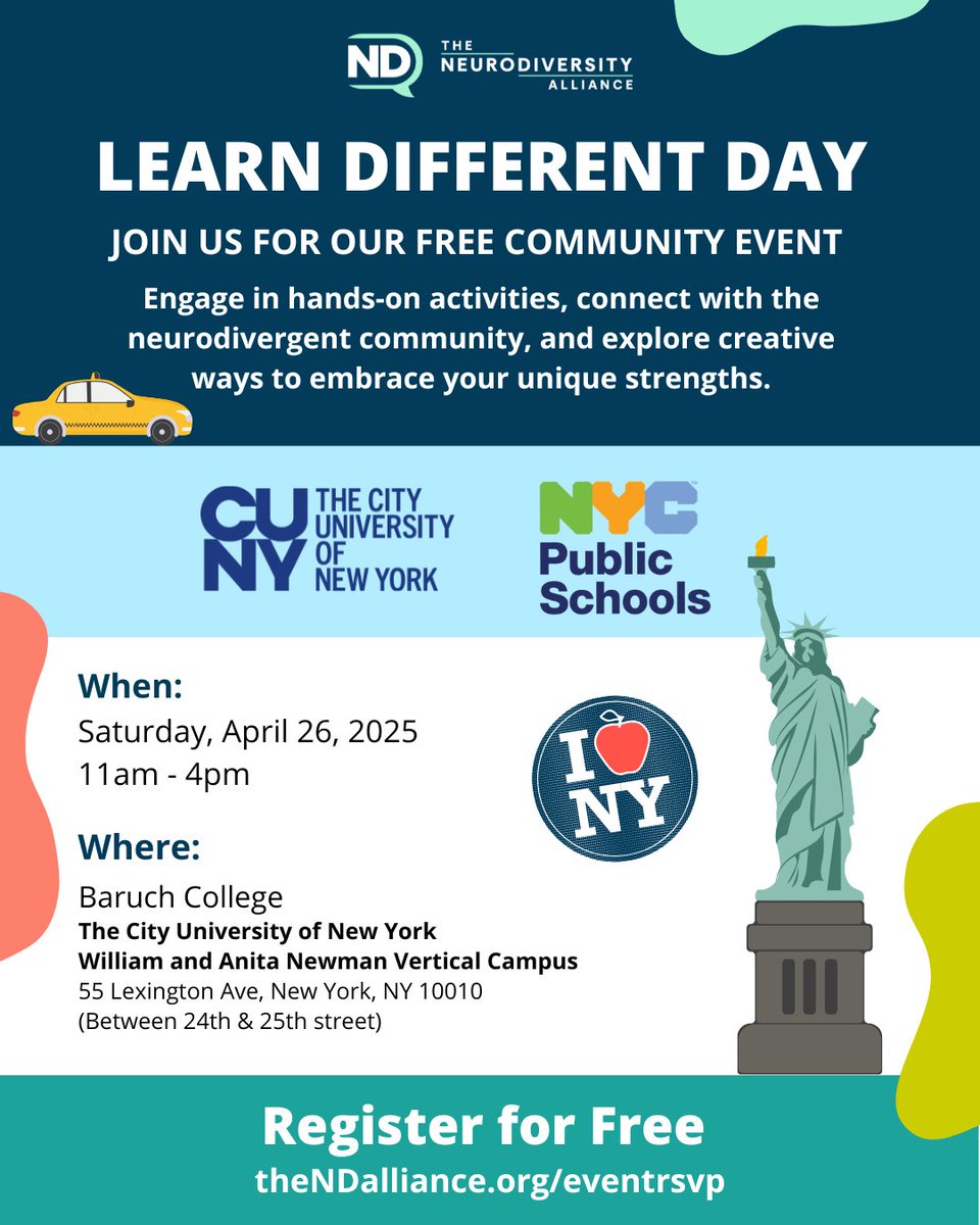 NYC families — it’s happening THIS SATURDAY!

Join us at Baruch College for Learn Different Day — a free event with hands-on fun, creative workshops, and community connection for students and parents.

Register now: theNDalliance.org/eventrsvp
#NDCommunity #NYCEvents