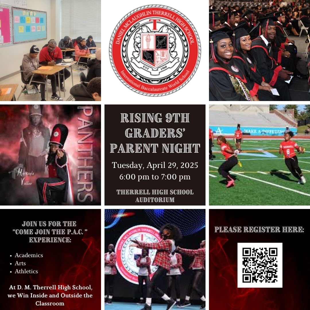 We’re excited to invite all rising 9th grade parents to an important meeting as we prepare for the next chapter!

📅 Date: April 29, 2025
🕕 Time: 6:00 PM - 7:00 PM
📍Location: Therrell High School Auditorium
#BuncheMiddle #Rising9thGraders