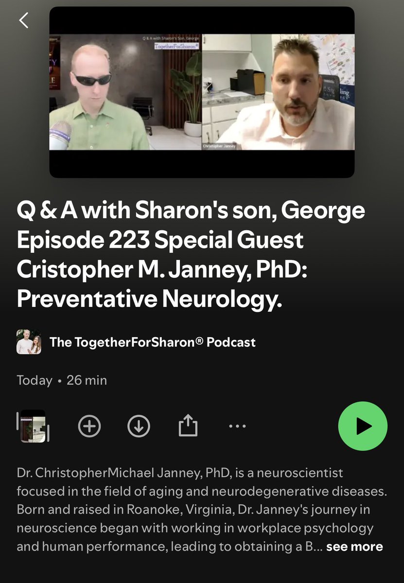 togetherforsha1's tweet photo. Q &amp; A with Sharon's son, George Episode 223 Special Guest Cristopher M. Janney, PhD: Preventative Neurology.
 
Listen to The TogetherForSharon® Podcast on Spotify https://t.co/ljQBCX2HJ7
 
@CupOfNeuro https://t.co/NzBDIs1q67
