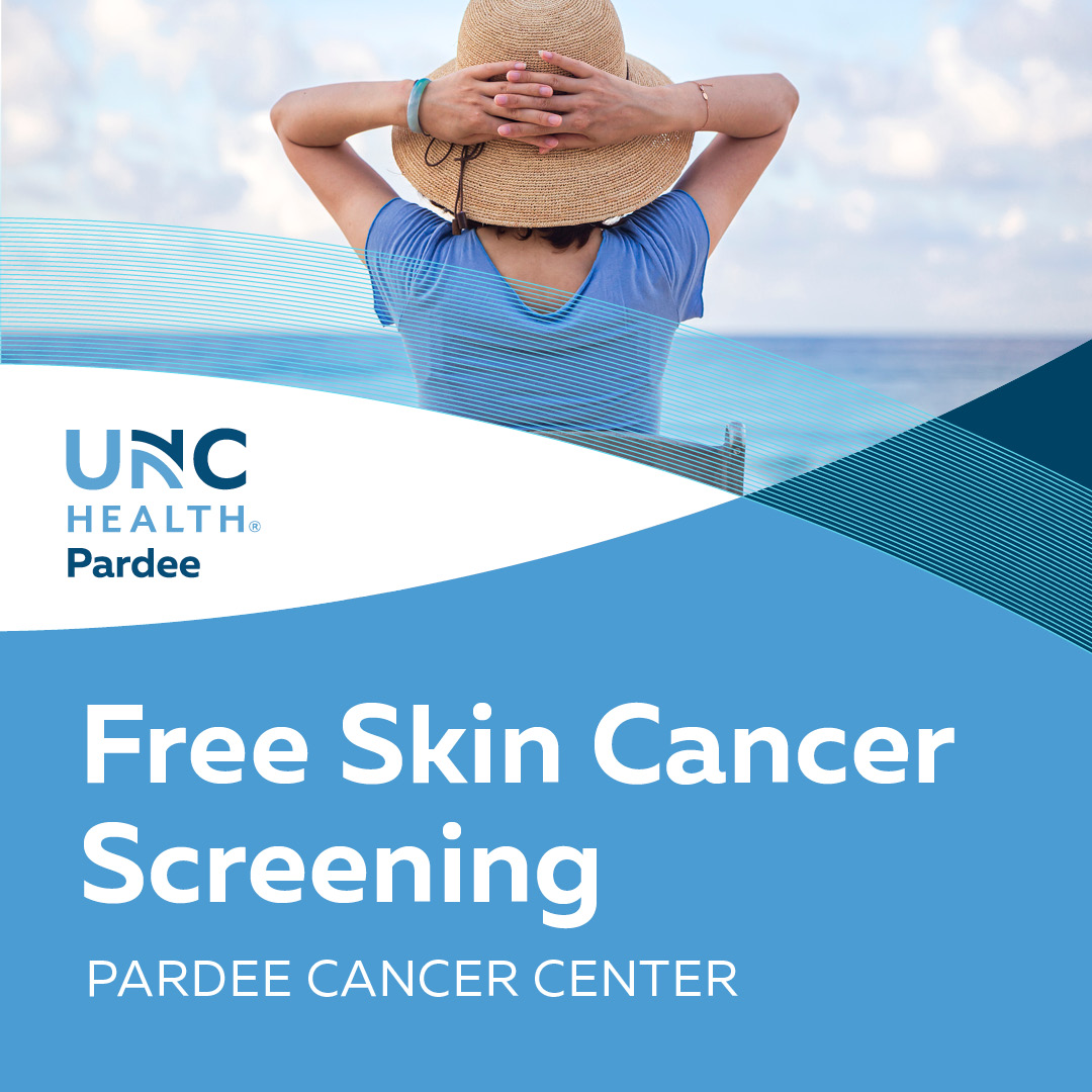 You're invited to attend a free skin cancer screening with Kate Kennedy, FNP:

Thursday, May 22 | 5:30 - 7:30pm 
Pardee Cancer Center 
805 6th Avenue West, #100, Hendersonville, NC 28739

Appointments are required. Call 828-698-7317 to schedule.