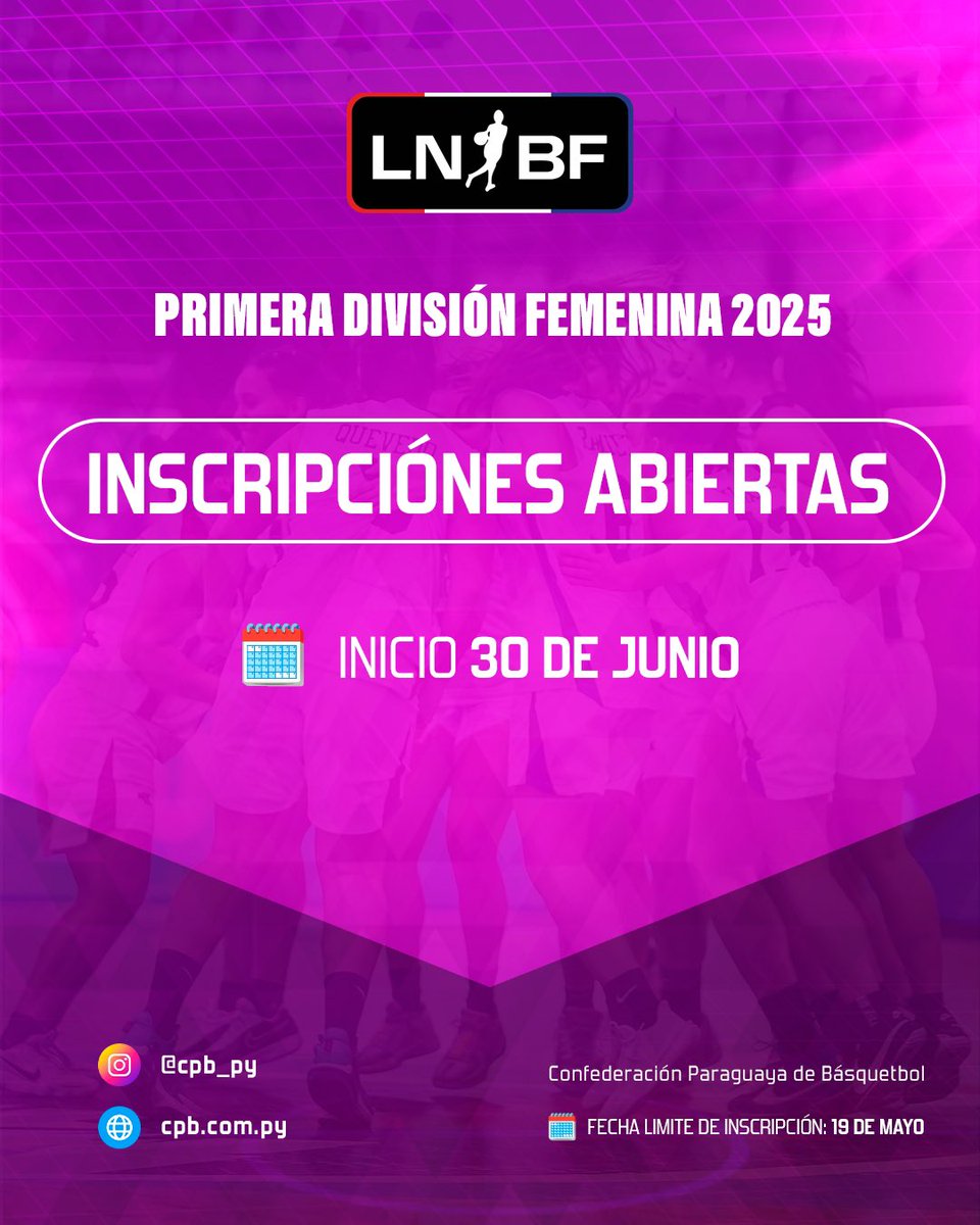 cpb_py's tweet image. Segundo llamado a inscripciones para la LNF Femenina 2025
Inicio: 30/06
Límite: 19/05
Inscribí a tu equipo vía email a gerencia.deportiva@cpb.com.py
Consultas al DM