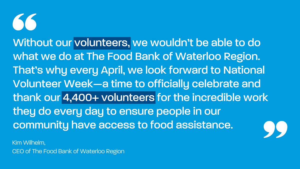 The Food Bank of Waterloo Region (@foodbankwatreg) on Twitter photo Volunteers are essential to our work at The Food Bank. In this month’s op-ed our CEO, <a href="/KimWilhelm03/">Kim Wilhelm</a>, reflects on the critical role of our 4,400+ volunteers and the impact of their time, dedication, and compassion. Read the op-ed here: bit.ly/3YxsCES Volunteers are essential to our work at The Food Bank. In this month’s op-ed our CEO, <a href="/KimWilhelm03/">Kim Wilhelm</a>, reflects on the critical role of our 4,400+ volunteers and the impact of their time, dedication, and compassion. Read the op-ed here: bit.ly/3YxsCES