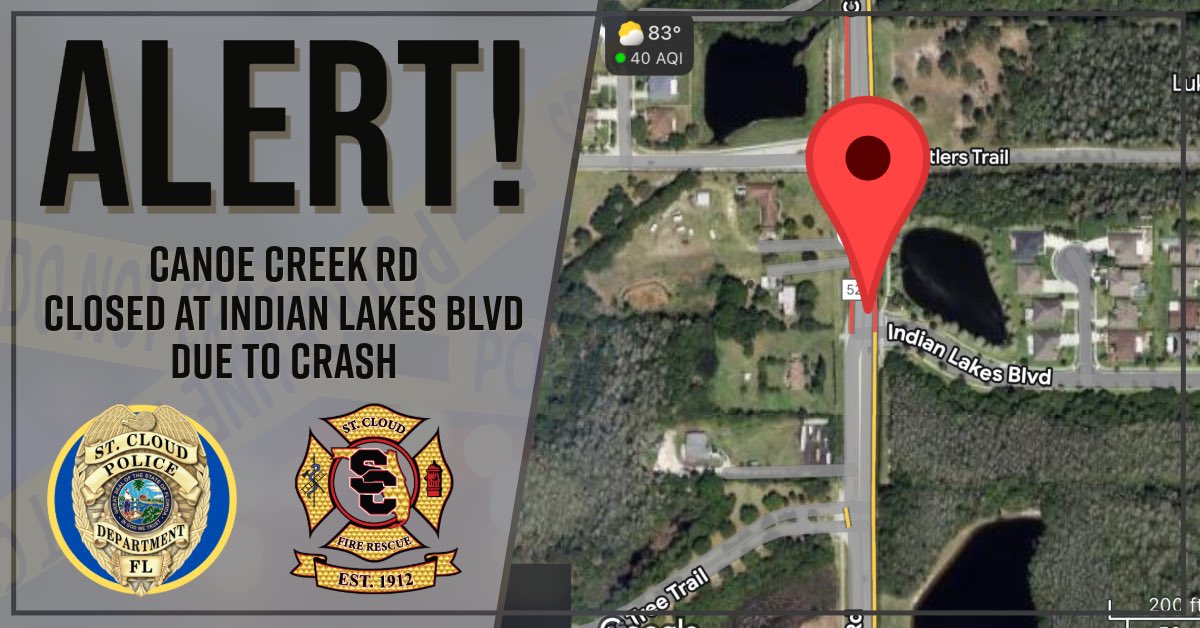 St. Cloud Police Dept (@stcloudpd) on Twitter photo 🚨 CRASH ALERT 🚨
St. Cloud Police and <a href="/stcloudfire/">StCloudFireRescue</a> are responding to a crash at Canoe Creek Road near Indian Lakes Blvd. All lanes of traffic on Canoe Creek are closed. Updates to follow. 🚨 CRASH ALERT 🚨
St. Cloud Police and <a href="/stcloudfire/">StCloudFireRescue</a> are responding to a crash at Canoe Creek Road near Indian Lakes Blvd. All lanes of traffic on Canoe Creek are closed. Updates to follow.