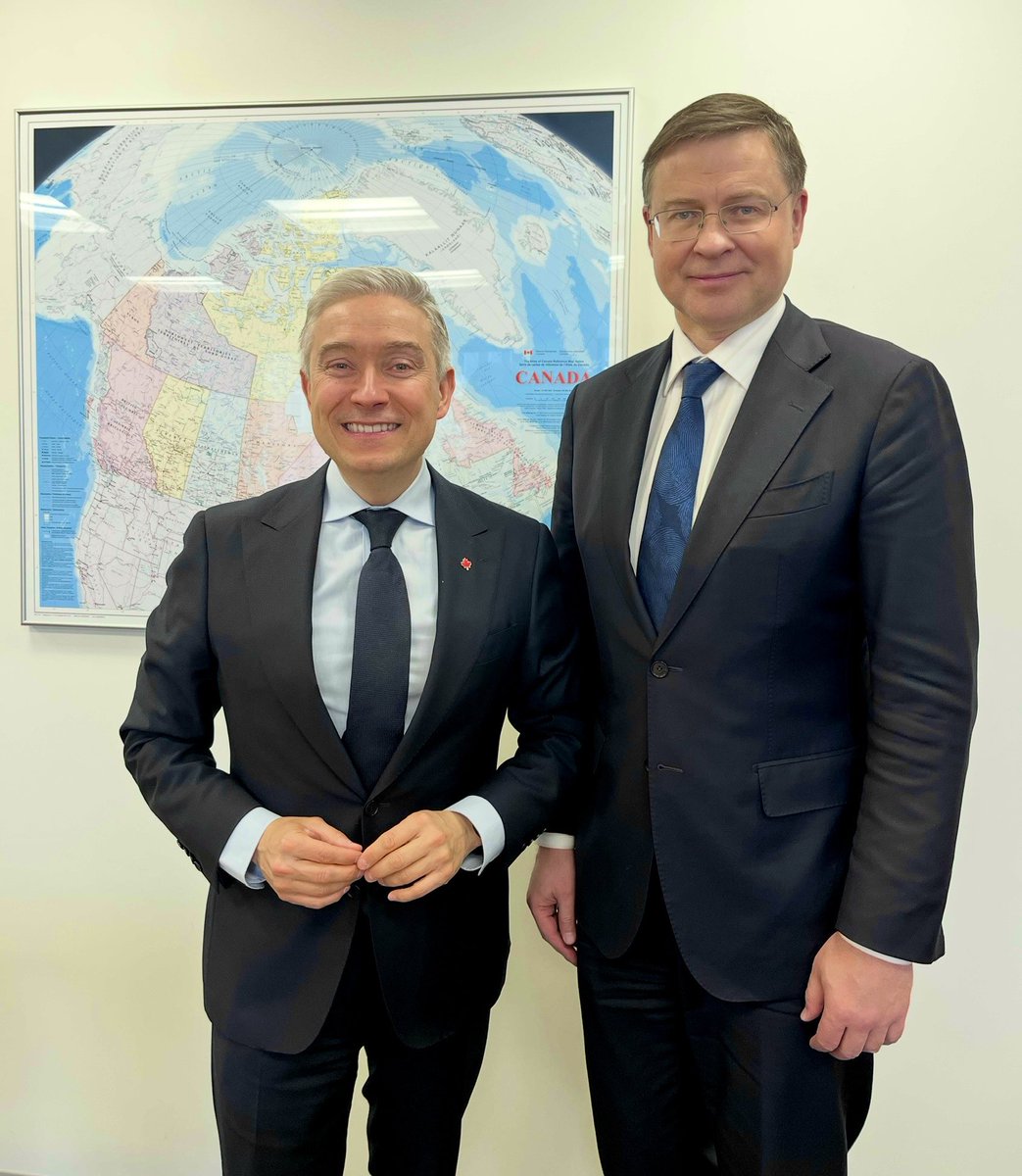 Valdis Dombrovskis (@vdombrovskis) on Twitter photo Excellent meeting with <a href="/FP_Champagne/">François-Philippe Champagne (FPC) 🇨🇦</a>, Finance Minister of #Canada, we discussed:
✅ preparations of the next #G7 meeting in #Canada
✅ macroeconomic impact of the US tariffs
✅ strengthening EU - Canada relations to withstand current geopolitical turbulances Excellent meeting with <a href="/FP_Champagne/">François-Philippe Champagne (FPC) 🇨🇦</a>, Finance Minister of #Canada, we discussed:
✅ preparations of the next #G7 meeting in #Canada
✅ macroeconomic impact of the US tariffs
✅ strengthening EU - Canada relations to withstand current geopolitical turbulances
