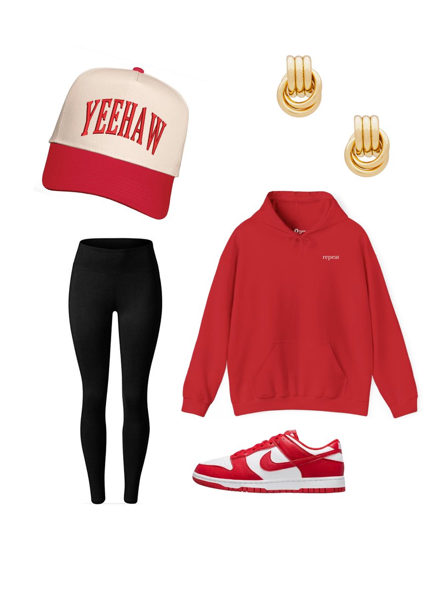 and_repeat_'s tweet image. outfit inspo for this rainy day in the south❤️🌧️
sweatshirt: my shop, link in bio
hat: Clover and Cotton Co
earrings: Revolve
leggings: Lululemon
shoes: Nike
