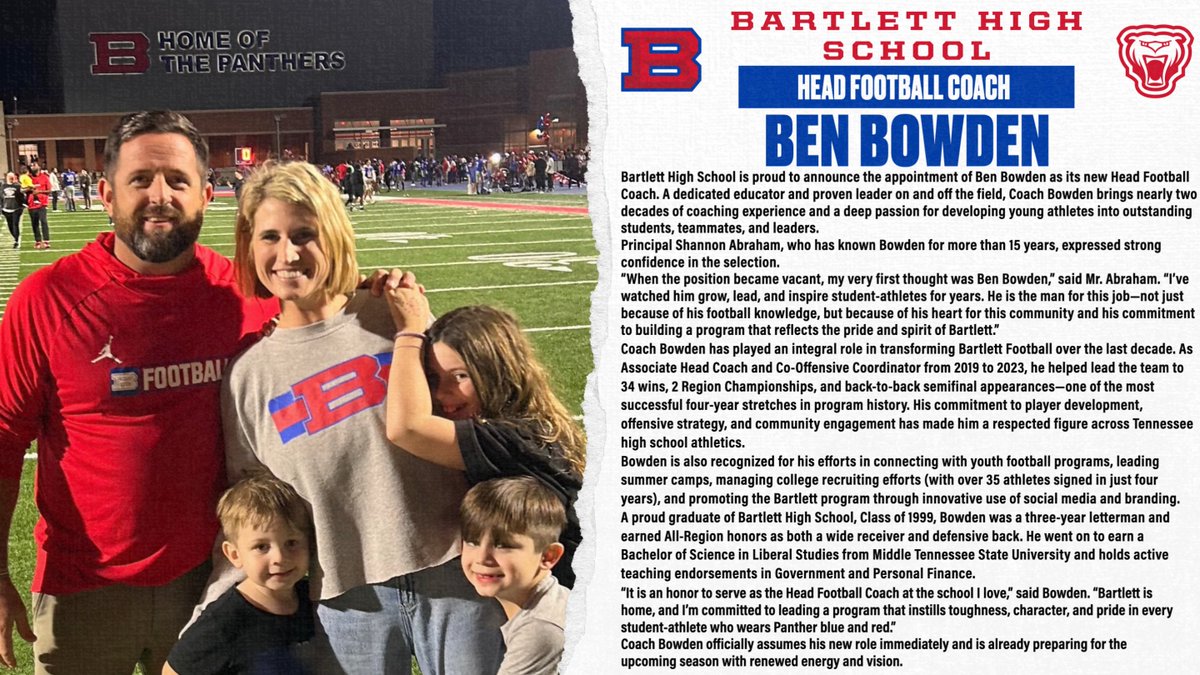 BartlettCitySchools (@bartlettschools) on Twitter photo Congratulations to Coach Bowden! We are excited for the future of Bartlett football. Go Panthers! <a href="/Bartlett_FB/">Bartlett Panthers Football</a> <a href="/coachbowdenBHS/">Ben Bowden</a> Congratulations to Coach Bowden! We are excited for the future of Bartlett football. Go Panthers! <a href="/Bartlett_FB/">Bartlett Panthers Football</a> <a href="/coachbowdenBHS/">Ben Bowden</a>