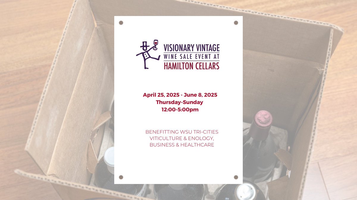 WSU V&E Program (@wsuwinescience) on Twitter photo The Visionary Vintage wine sale of <a href="/hamiltoncellars/">Hamilton Cellars</a> remaining inventory will benefit the Hamilton Foundation <a href="/WSUTriCities/">WSU Tri-Cities</a>, supporting scholarships and academic excellence for students in viticulture and enology, business and healthcare.
Details: hamiltoncellarswinesale.com The Visionary Vintage wine sale of <a href="/hamiltoncellars/">Hamilton Cellars</a> remaining inventory will benefit the Hamilton Foundation <a href="/WSUTriCities/">WSU Tri-Cities</a>, supporting scholarships and academic excellence for students in viticulture and enology, business and healthcare.
Details: hamiltoncellarswinesale.com
