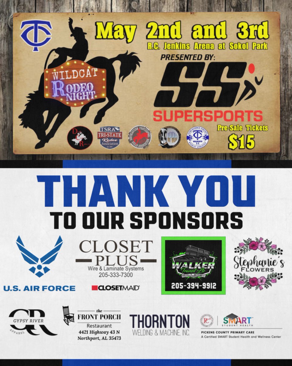 We are a Week Away!!! #ThankYouSponsors
2nd Annual Wildcat Rodeo
May 2nd and 3rd
Gates Open at 6PM
TICKETS: Pre-Sale $15 or $20 at the Gate
See any Football, Baseball and Cheer Athletes
Or Swing by Ervins Western Wear (#CashOnly)