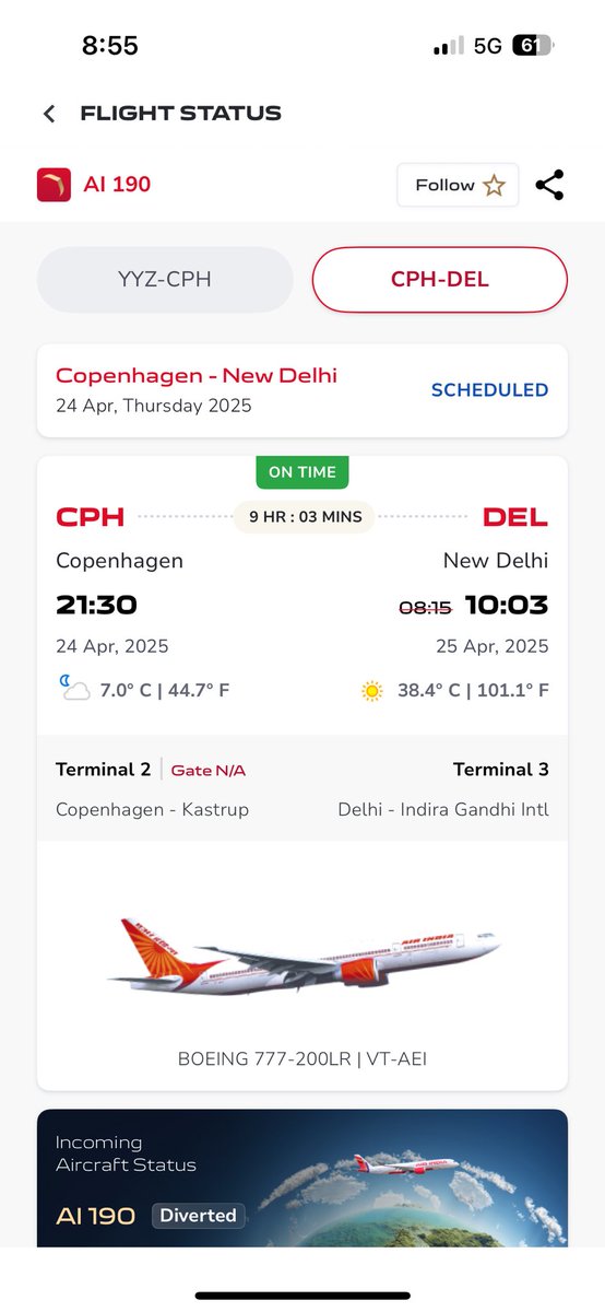 arshdeep_insan's tweet photo. @News18India @airindia A190 is affected by closure of pakistan airspace. Now flight is diverted to Copenhagen airport in Denmark for fuel up .Choosing another route now to enter in india https://t.co/AoGyoKxKf7