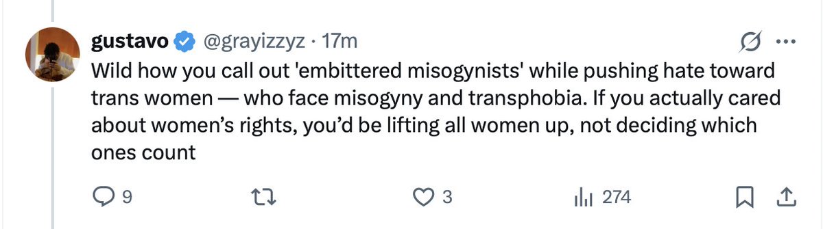 Once more for the people at the back: 

Trans-identified men may experience prejudice but never misogyny, which is the specific hatred of females. An easy way to spot a misogynist is to see if he's demanding women prioritise men's desires above fairness and safety for themselves.