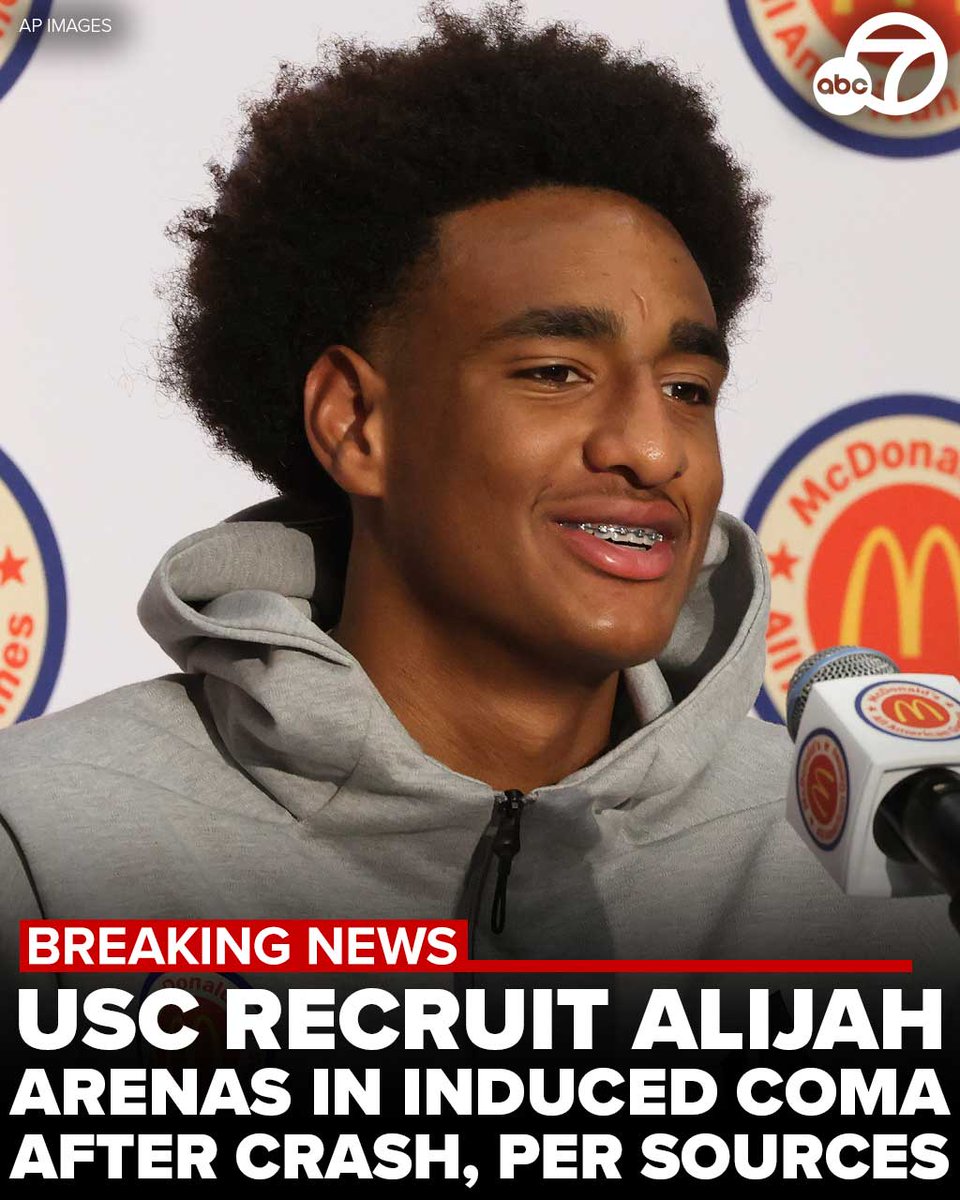 ABC7's tweet photo. #BREAKINGNEWS: Five-star prospect and USC commit Alijah Arenas, son of former NBA star Gilbert Arenas, has been placed in an induced coma after he was involved in a serious car crash in the Los Angeles area, sources told ESPN. https://t.co/iIPGfkki6X https://t.co/ov1pr0O6dy