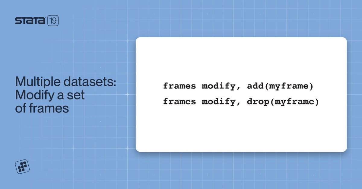 New #Stata19 features for sets of frames

✅ Modify a frameset file (.𝗱𝘁𝗮𝘀) without loading into memory
✅ Add frames in memory to a frameset
✅ Drop frames from a frameset