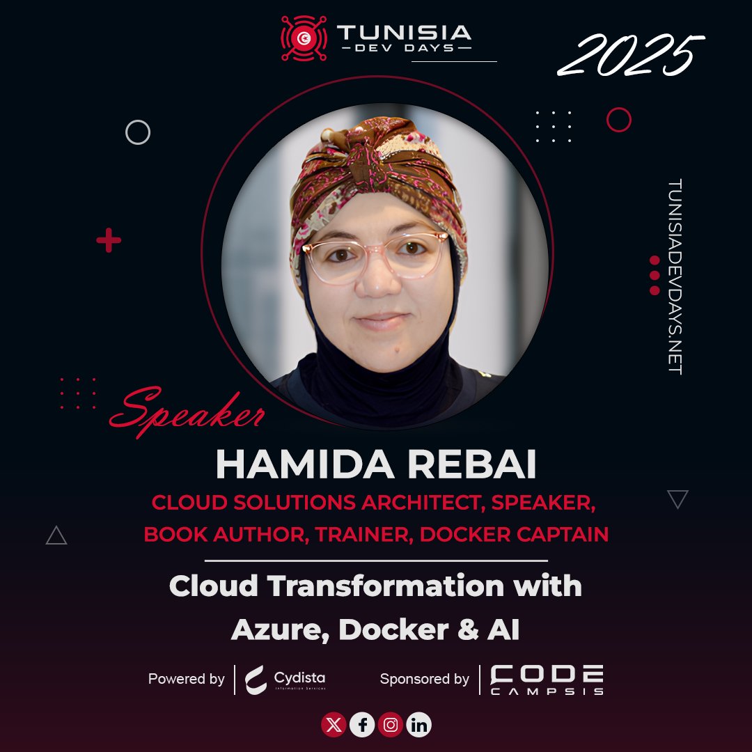 ☁️ We’re bringing the cloud down to Tunisia — and Hamida Rebai is leading the way (again!) 🇹🇳
💡 Back for her 2nd year at #TunisiaDevDays, she’s unlocking real cloud transformation with:
🐳 Azure + Docker + AI
🧠 Modernize apps
🎟️ Grab your ticket now :  tunisiadevdays.net/tickets