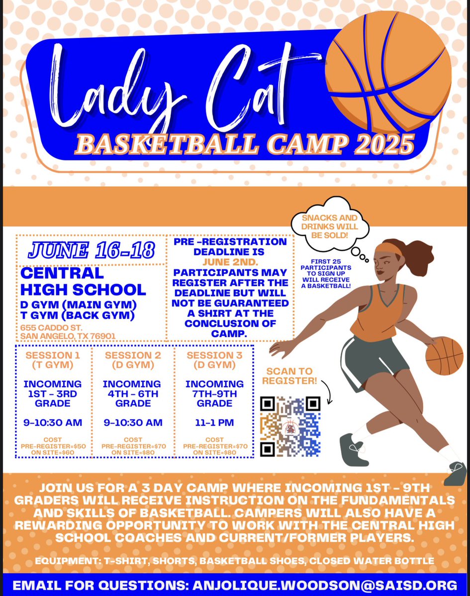 Lady Cat Basketball Camp will be held June 16th-18th! The first 25 campers to sign up will get to take a basketball home! Don’t miss the opportunity to learn from your Central Girls Basketball Coaches and Players. We can’t wait to see you!!🏀🐾 <a href="/SAISD_Athletics/">San Angelo ISD Athletics</a> <a href="/SanAngeloISD/">San Angelo ISD</a>