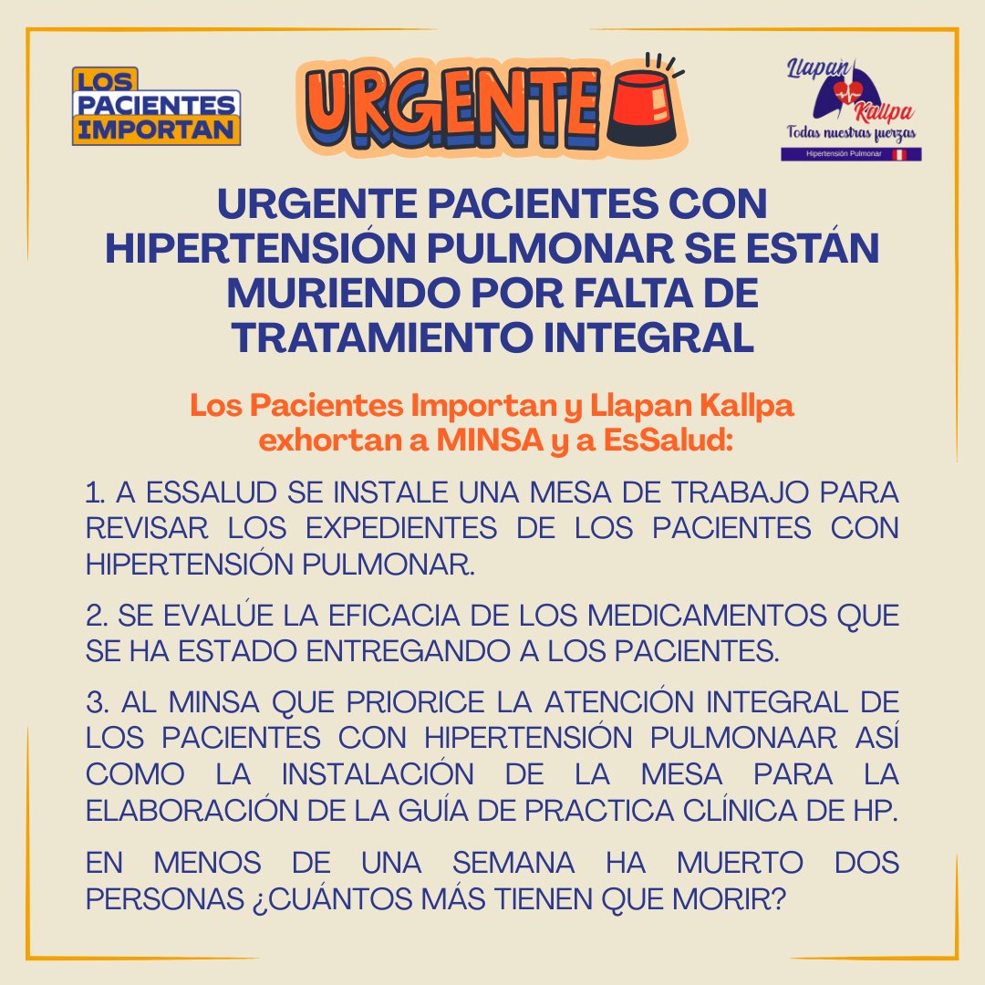 Los Pacientes Importan (@los_pacientes) on Twitter photo 🚨URGENTE🚨
PACIENTES con HIPERTENSIÓN PULMONAR se ESTÁN MURIENDO POR FALTA DE TRATAMIENTO
1. <a href="/EsSaludPeru/">EsSalud Perú</a> instale mesa de trabajo para revisar los expedientes de los pacientes con hipertensión pulmonar.
2. Se evalúe la eficacia de los medicamentos que se ha dada los pacientes🧵 🚨URGENTE🚨
PACIENTES con HIPERTENSIÓN PULMONAR se ESTÁN MURIENDO POR FALTA DE TRATAMIENTO
1. <a href="/EsSaludPeru/">EsSalud Perú</a> instale mesa de trabajo para revisar los expedientes de los pacientes con hipertensión pulmonar.
2. Se evalúe la eficacia de los medicamentos que se ha dada los pacientes🧵