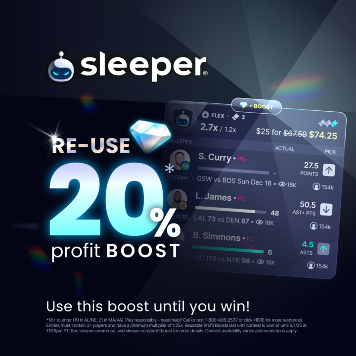 SleeperPicksHQ's tweet photo. 💎 REUSABLE PROFIT BOOST
Use this 20% profit boost until you WIN 🤑
Claim your #SleeperBoost in-app NOW 🎉 https://t.co/leEksDXl94