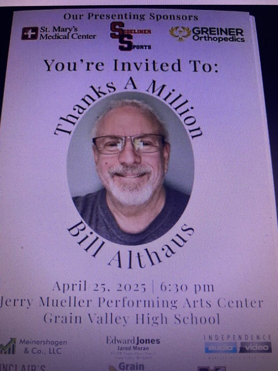 TOMORROW NIGHT FRIDAY AT 630P AT <a href="/GVHSEagles/">Grain Valley High</a> we celebrate <a href="/AlthausEJC/">Bill Althaus</a>  Join us for a special night and hour of conversation, memories and highlights of his life and career. Free and open to public.  <a href="/GVHSActivities/">GVHS Activities</a> <a href="/GVEagleFootball/">Grain Valley Football</a> <a href="/GVsftball/">🥎 GVHS Softball 🥎</a> <a href="/TheChamberGV/">Grain Valley Chamber</a> <a href="/cityofgvmo/">City of Grain Valley</a> <a href="/EjcSports/">EJC HS Sports</a>